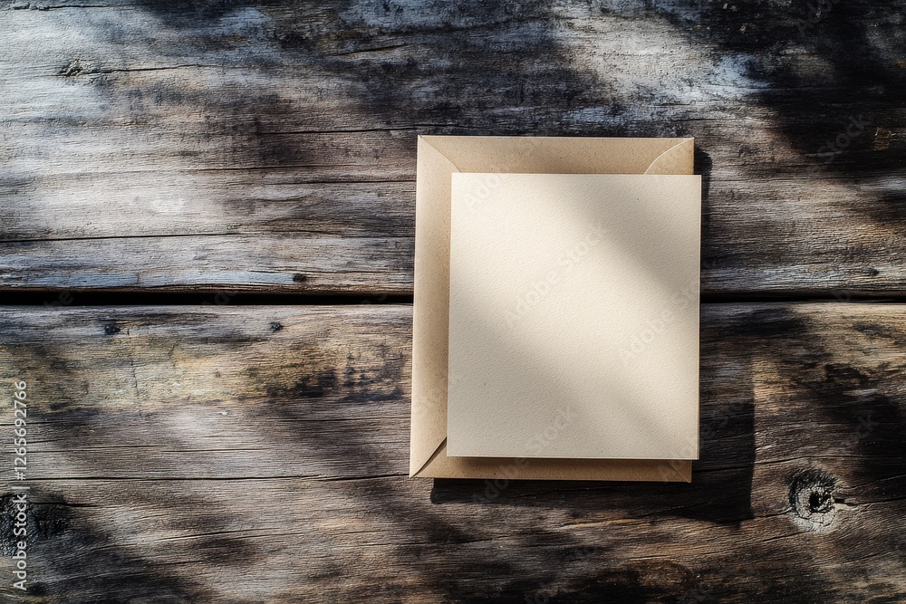 Aufkleber Blank envelope and card resting on a weathered wooden surface with subtle shadows from nearby foliage