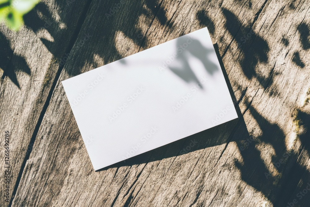 Aufkleber Blank card resting on a weathered wooden surface illuminated by soft sunlight in a tranquil outdoor setting