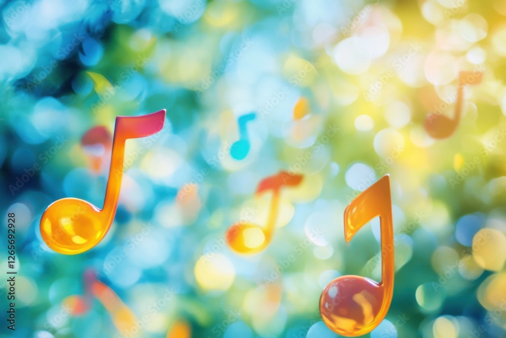 Poster colorful musical notes floating amidst a vibrant bokeh background in a lively outdoor setting