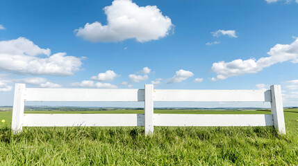 Fototapeta premium White fence, green field, blue sky, idyllic landscape, perfect for website backgrounds