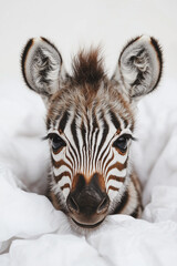 Close-up of a baby zebra peeking out from under a white cover. Funny animal magazine cover. 