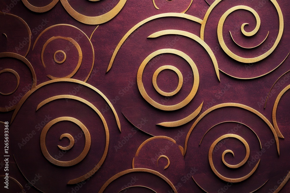 Poster spiraling golden patterns on a rich burgundy background create an elegant design for interior decora