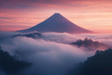 Fototapeta premium Mountain peak above clouds at sunset. Scenery for travel, adventure, nature