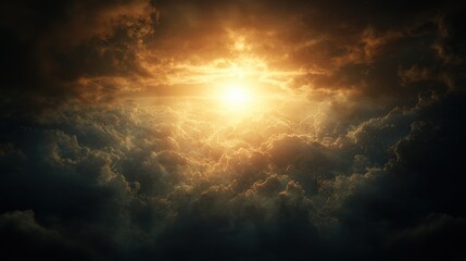 Obraz premium A radiant sun breaks through dark clouds, illuminating the sky in a dramatic display of light and shadow.