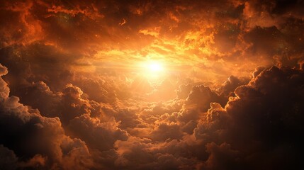 Obraz premium A breathtaking view of the sun setting behind vibrant, swirling clouds, creating a dramatic and serene atmosphere in the sky.