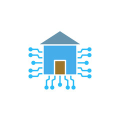 micro circuit chips house icon, smart home technology house icon, simple flat style, illustration, logo sign symbol pictogram template, for ui or ux isolated on white for mobile app, editable