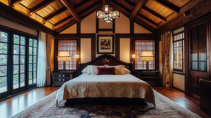 Luxuriously appointed bedroom showcases wooden architecture and classic decor