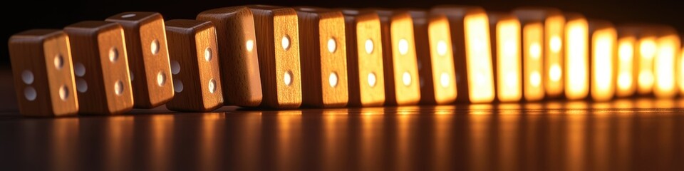 A row of dominoes arranged on a table surface, ready for play