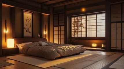 Obraz premium Warm and cozy japanese bedroom with soft glowing light