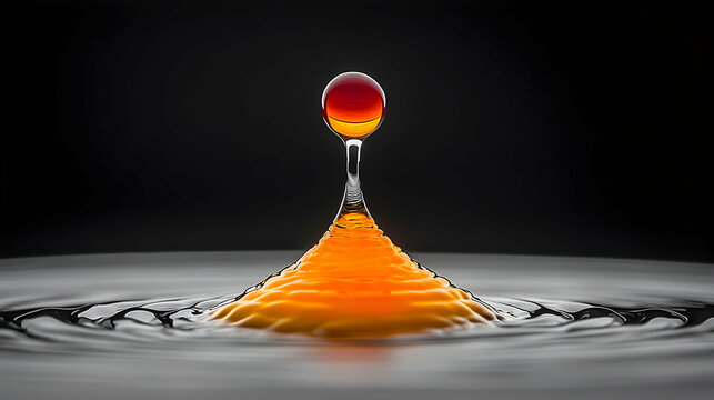 Orange drop impacting water, creating ripples; black background; science, abstract art