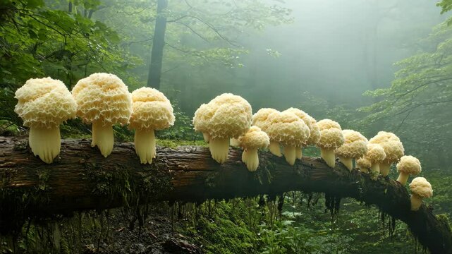 Unique cluster of lion's mane mushrooms grow along a mossy log in a foggy forest during the early morning hours