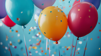 パステルカラーの風船とコンフェッティ