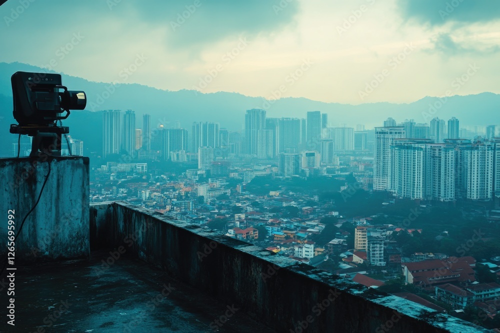 Poster aerial view of a city from a skyscraper rooftop, with urban landscape and architecture visible below