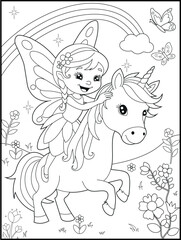 Black and white fairy coloring pages for kids. Children's coloring books with cute cartoon fairy and unicorn characters, fun and educational materials for kindergarten.