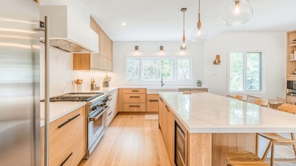 Fototapeta premium Modern kitchen with light wood cabinetry and white countertops