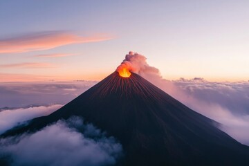 Volcano erupting, smoke billowing, above cloud cover at sunrise, tourism usage