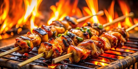 Delicious Japanese Chicken Yakitori Kebabs Grilled on Open Coals - High-Resolution Stock Photo