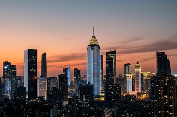Fototapeta premium Illuminated skyscrapers at dusk in a modern cityscape
