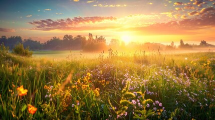 Fototapeta premium Golden Sunrise Meadow: A Serene Summer Morning
