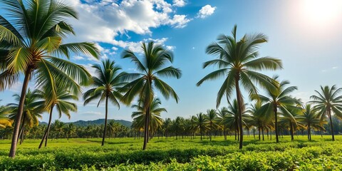 Obraz premium Expansive palm oil plantation at serene sunrise with rows of lush green trees stretching into the horizon, environment, palm trees, nature