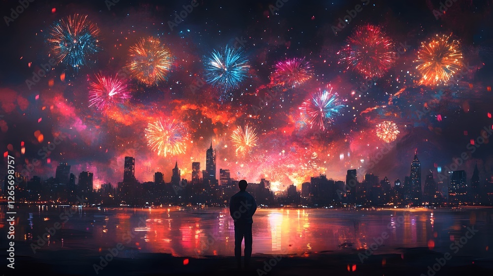 Fototapete Breathtaking fireworks exploding over a vibrant illuminated city skyline at night creating a dazzling colorful display reflected in the water below