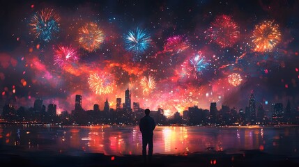 Fototapeta premium Breathtaking fireworks exploding over a vibrant illuminated city skyline at night creating a dazzling colorful display reflected in the water below