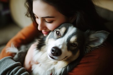 A woman cuddles with her pet dog in her arms, a moment of affection and bonding
