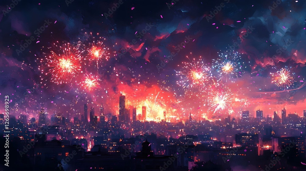 Aufkleber breathtaking fireworks explosion illuminating the dramatic skyline of a modern metropolitan city at 