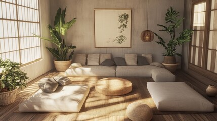 Minimalist living room with large windows and nature inspired decor