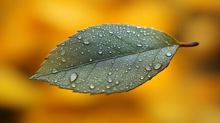 Dewdrops adorn a single green leaf against a yellow backdrop