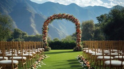Outdoor wedding ceremony setup in the mountains with a beautiful landscape and rustic decorations