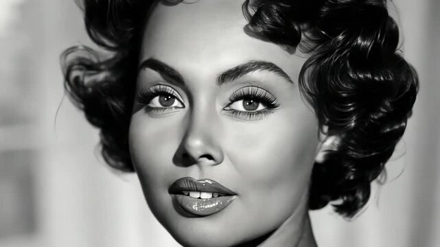 Hollywood nostalgia: vintage glamour, retro elegance, cinematic beauty, timeless allure, mid-century charm, graceful actress, golden age, enchanting gaze, bygone sophistication, silver screen icon.