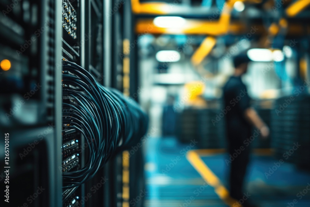 Poster a person standing next to rows of computer servers, possibly in an it or data center environment