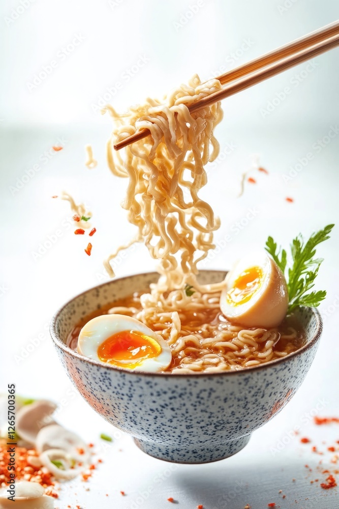 Poster a bowl of steaming hot ramen with a fried egg and chopsticks ready to serve