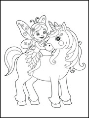 Black and white fairy coloring pages for kids. Children's coloring books with cute cartoon fairy and unicorn characters, fun and educational materials for kindergarten.