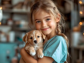 Young Aspiring Veterinarian Holding Adorable Puppy in Warm Animal Clinic