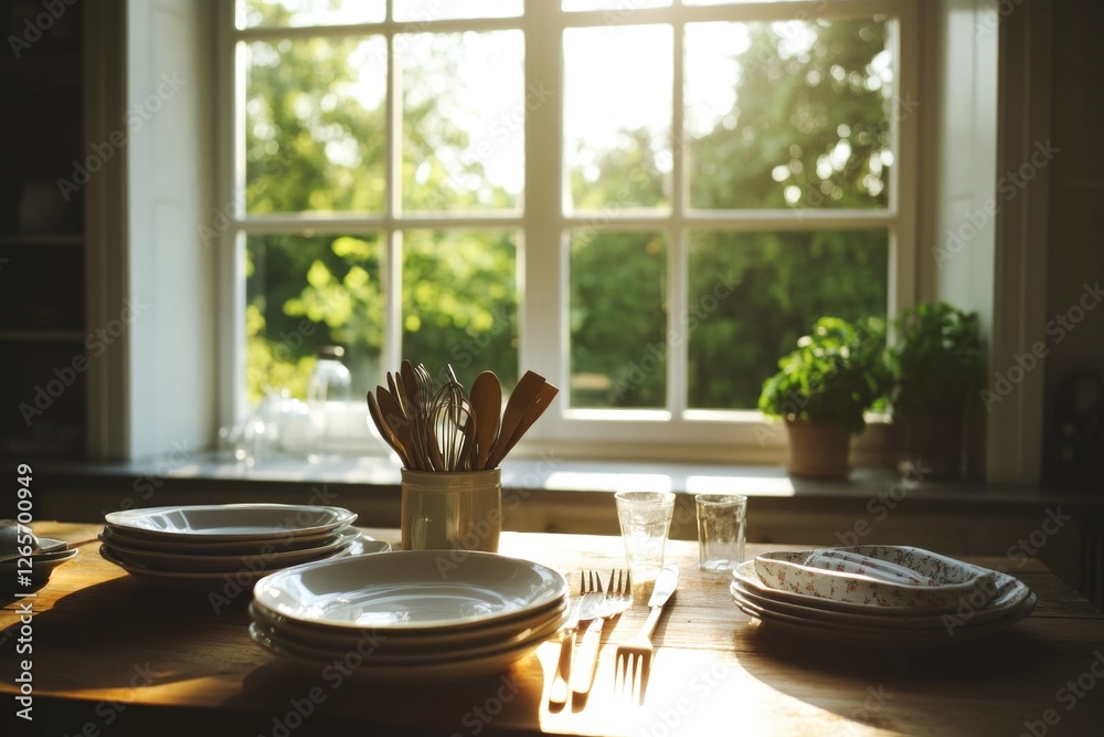 Poster a wooden table with plates and utensils set out for a meal or gathering
