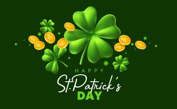Vector illustration of green clover and leprechaun gold coin with happy saint patricks day word. 3d style design of irish clover and golden coin for st patrick day celebration banner