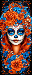 Naklejka premium A woman with a blue and orange face and flowers surrounding her head. The flowers are orange and blue, and they give the impression of a festive and colorful celebration
