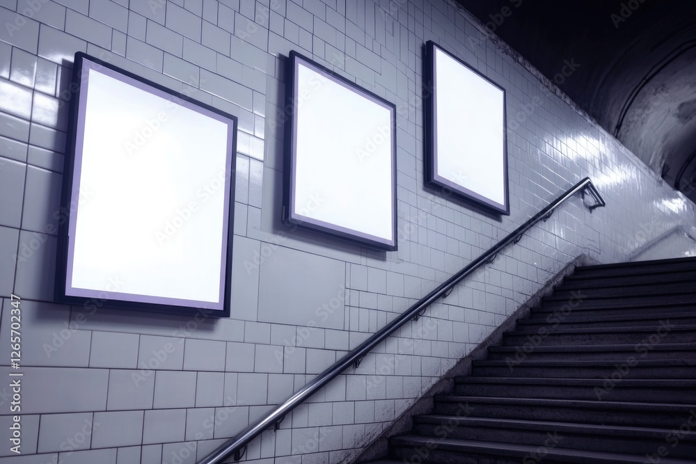 Poster a set of stairs leading up to a subway station, ideal for use in urban scenes or transportation-rela
