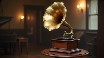 A vintage photograph of a classic gramophone elegantly displayed on a pedestal, showcasing its intricate design and polished brass horn, set against a softly lit background that highlights its nostalg