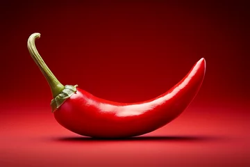 Single red chili pepper on matching red background, with copy space for text
