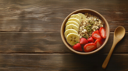 Delicious breakfast bowl with strawberries, bananas, oats, and seeds on a rustic wooden table, complemented by a wooden spoon.