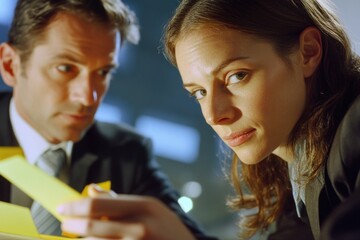 A couple sitting together, reviewing a paper, possibly discussing plans or making decisions