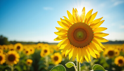 Fototapeta premium Sunflower standing tall in field under blue sky, symbol of peace
