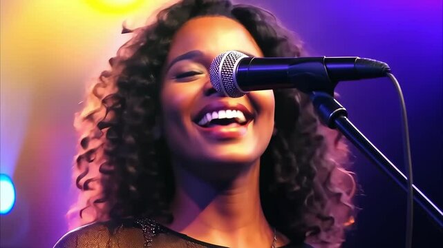 A smiling woman with curly hair sings into a microphone under colorful stage lights.