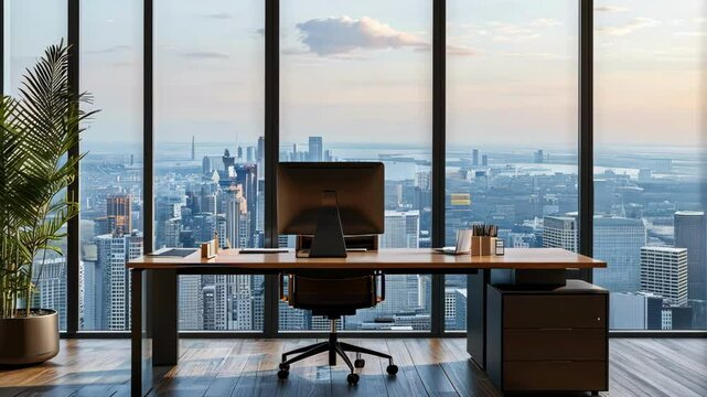 A modern office with a desk, computer, and a stunning city skyline view through large windows, exuding a professional atmosphere.