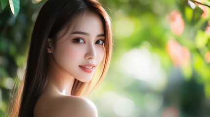 Naklejka premium A woman with long brown hair poses for a camera
