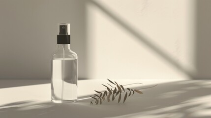 A clear glass spray bottle with a fine mist nozzle, filled with a natural room spray. The label is minimalistic and elegant.