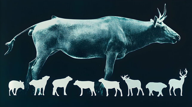 Prehistoric deer evolution comparison; size chart showing various extinct and extant species; dark background; educational infographic
